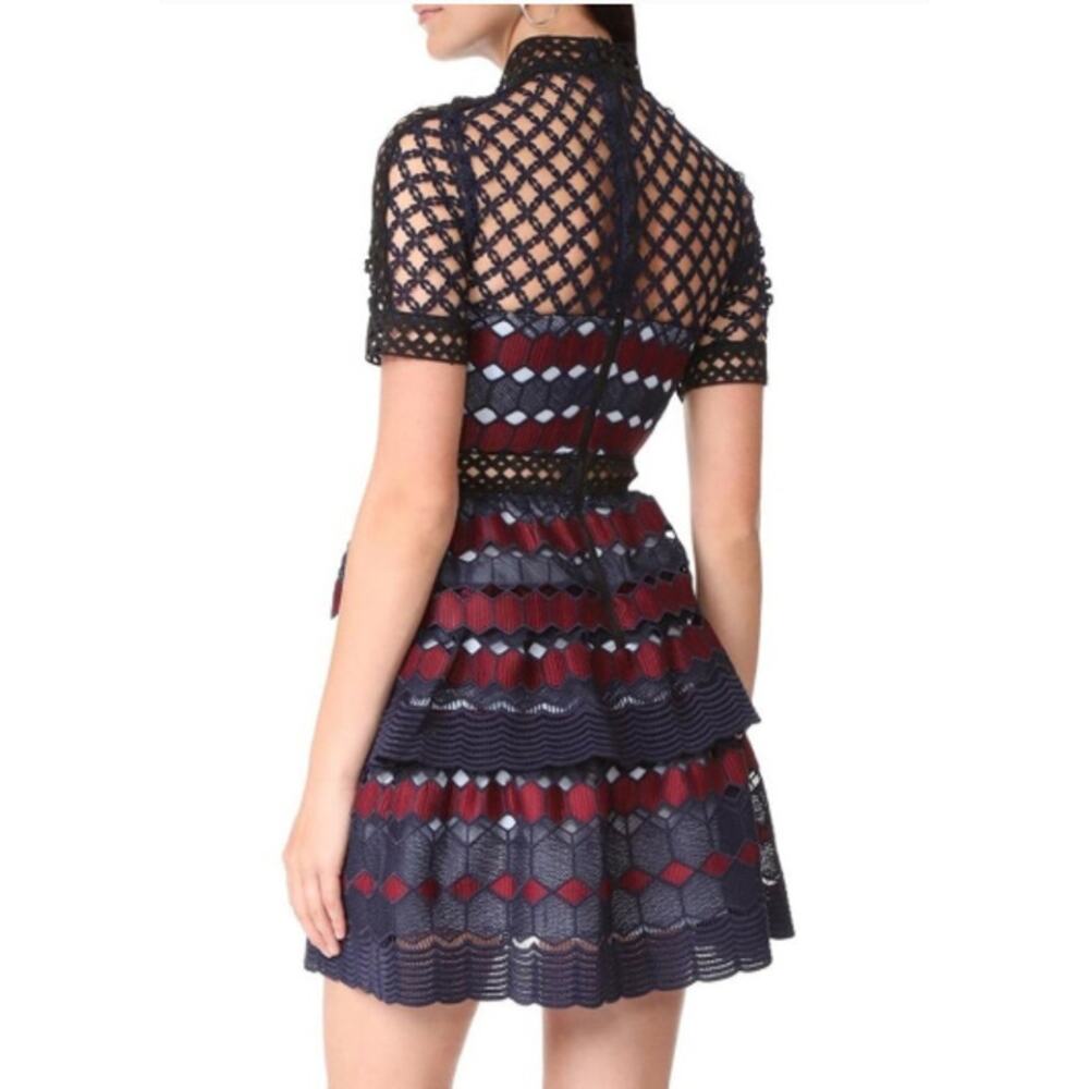 Self-Portrait Hexagonal Guipure Lace Mini Dress Navy Burgundy Short Sleeve S/M - Picture 2 of 6